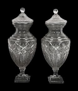 PAIR OF CRYSTAL CUT-GLASS URNS EACH OF VASE SHAPE