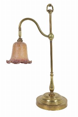 BRASS COLUMN DESK LAMP WITH COLOURED GLASS SHADE