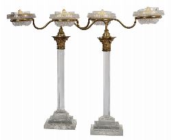 PAIR OF REGENCY CUT GLASS AND GILT BRASS THREE-LIGHT CANDELABRA
