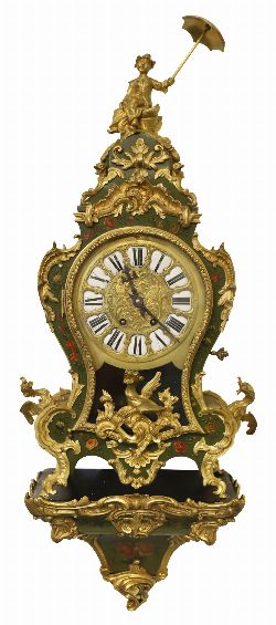 19TH-CENTURY GREEN BOULLE BRACKET CLOCK WITH MATCHING WALL BRACKET