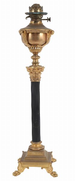 19TH-CENTURY BRASS AND EBONISED CORINTHIAN COLUMN OIL LAMP