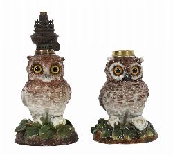 PAIR OF CONTINENTAL MAJOLICA OWL TABLE LAMPS