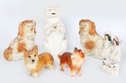 PAIR OF STAFFORDSHIRE DOGS AND A STAFFORDSHIRE GROUP
