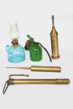 ANTIQUE BRASS BICYCLE PUMP, BRASS SHELL AND OIL LAMP
