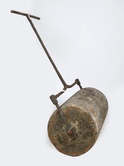 LIMESTONE AND WROUGHT IRON GARDEN ROLLER
