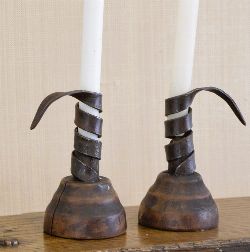 PAIR OF PRIMITIVE TWISTED IRON CANDLESTICKS