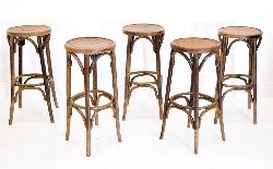 SET OF 5 1920S BENTWOOD BAR HIGH STOOLS