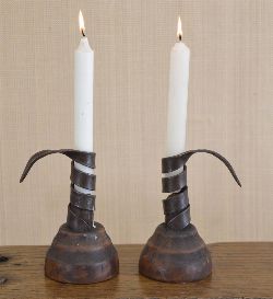PAIR OF 19TH-CENTURY PRIMITIVE  IRON AND WOODEN CANDLESTICKS