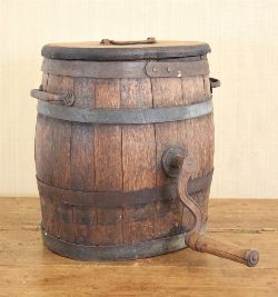 19TH-CENTURY OAK METAL-BOUND TABLE-TOP BUTTER CHURN