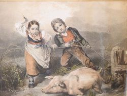 19TH-CENTURY COLOURED ENGRAVING - THE PIG CATCHERS
