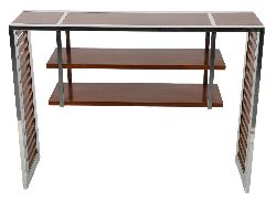 DESIGNER CHROME AND FRUITWOOD CONSOLE TABLE