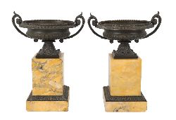 PAIR 19TH-CENTURY BRONZE & SIENNA MARBLE CAMPANA URNS