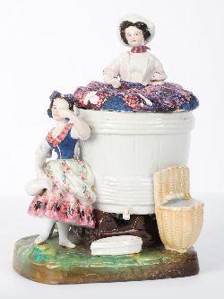 STAFFORDSHIRE BARREL AND LID GROUP WITH FIGURES