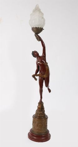 19TH-CENTURY PATINATED BRONZE FIGURAL TORCHERE LAMP