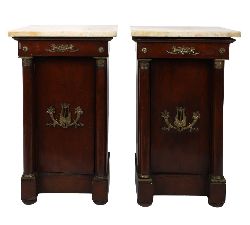 PAIR OF FRENCH EMPIRE MAHOGANY AND MARBLE PEDESTAL CABINETS