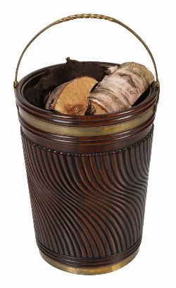 LARGE MAHOGANY AND BRASS BOUND PEAT BUCKET