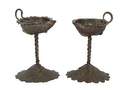 PAIR 19TH-CENTURY DECORATIVE BRONZE OIL LAMPS