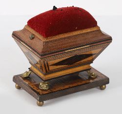 TUNBRIDGE WARE SEWING BOX IN THE FORM OF A MINIATURE WINE COOLER