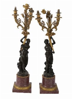 PAIR 19TH-CENTURY BRONZE AND ORMOLU FIGURAL CANDELABRA