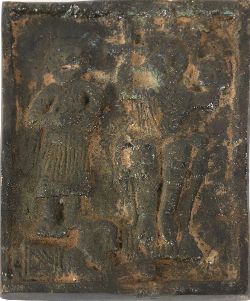 EARLY BRONZE DEVOTIONAL PLAQUE WITH RELIGIOUS SCENE