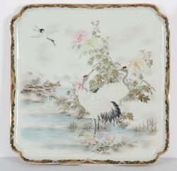 JAPANESE PORCELAIN TRAY WITH CRANES AND FLORAL LANDSCAPE