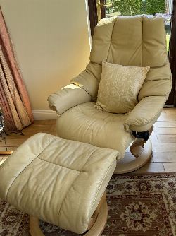 CONTEMPORARY SCANDINAVIAN STYLE RECLINER AND FOOTSTOOL