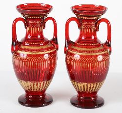 PAIR OF BOHEMIAN RUBY GLASS VASES WITH GILDED DECORATION