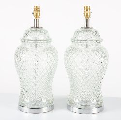PAIR OF GLASS VASE-STEMMED TABLE LAMPS