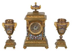 19TH-CENTURY FRENCH CHAMPLEVE ENAMELLED CLOCK SET