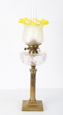 BRASS COLUMN OIL LAMP WITH ETCHED YELLOW SHADE