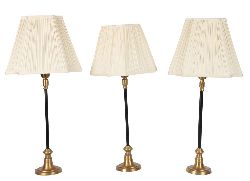 3 BRASS AND BLACK TABLE LAMPS WITH PLEATED SHADES