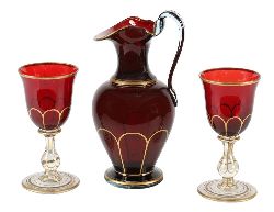BOHEMIAN RUBY GLASS CLARET JUG AND MATCHING GOBLETS