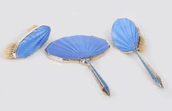 ART DECO SILVER AND BLUE GUILLOCHE ENAMEL DRESSING TABLE SET