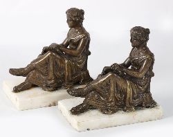 PAIR OF BRONZE CLASSICAL FEMALE FIGURES ON MARBLE BASES