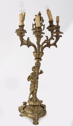 LARGE FIGURAL CANDELABRA LAMP IN GILT METAL