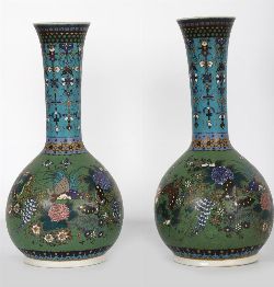 PAIR OF JAPANESE TOTAI SHIPPO CLOISONNE ON PORCELAIN VASES