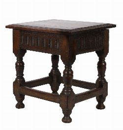 17TH-CENTURY STYLE CARVED OAK JOINED STOOL WITH LIFT-TOP SEAT