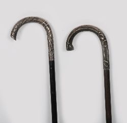 TWO ART NOUVEAU STERLING SILVER HANDLED WALKING STICKS