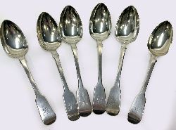 SET OF 6 IRISH SILVER FIDDLE PATTERN TEASPOONS, DUBLIN 1848 - 1852
