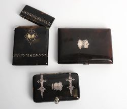 SET OF 3 VICTORIAN TORTOISESHELL AND SILVER INLAID CARD CASES