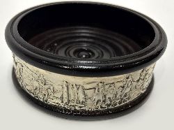 DUBLIN SILVER AND MAHOGANY WINE COASTER WITH FOX HUNTING SCENE, 20TH CENTURY