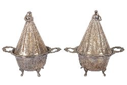 PAIR EARLY 20TH-CENTURY MOROCCAN SILVER TAJINE DISHES AND COVERS
