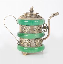 CHINESE EXPORT SILVER-PLATED AND JADE GLASS TEAPOT