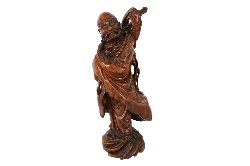 CHINESE CARVED HARDWOOD FIGURE OF A LUOHAN