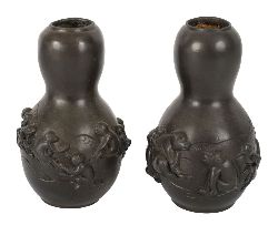 PAIR OF CHINESE BRONZE VASES - MONKEYS GATHERING PEACHES