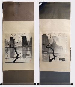 PAIR CHINESE INK SCROLLS PAINTING, EACH A RIVER LANDSCAPE