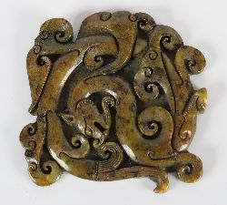CHINESE ARCHAISTIC JADE PLAQUE WITH CHILONG, POSSIBLY MING