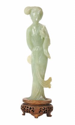CHINESE CARVED GREEN JADE FIGURE OF A MAIDEN