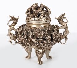 ANTIQUE CHINESE EXPORT SILVER-GILT INCENSE BURNER