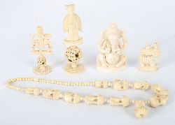 GROUP OF 4 IVORY CARVINGS AND BEADED NECKLACE